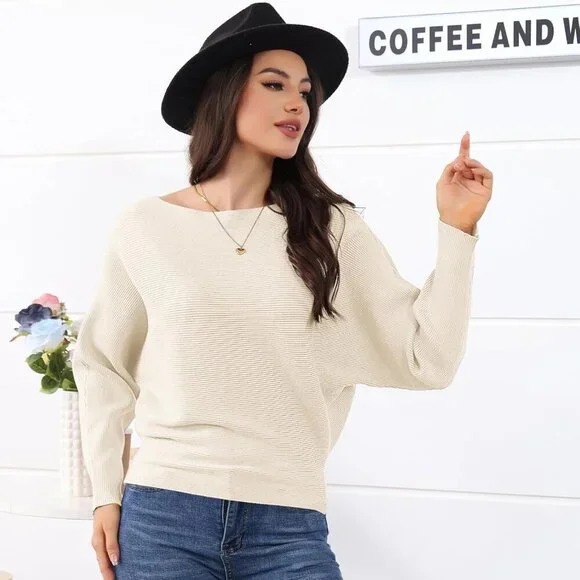Women's Knit Pullover Sweater Long Sleeve Batwing Casual Soft Jumper Top - Picture 6 of 6